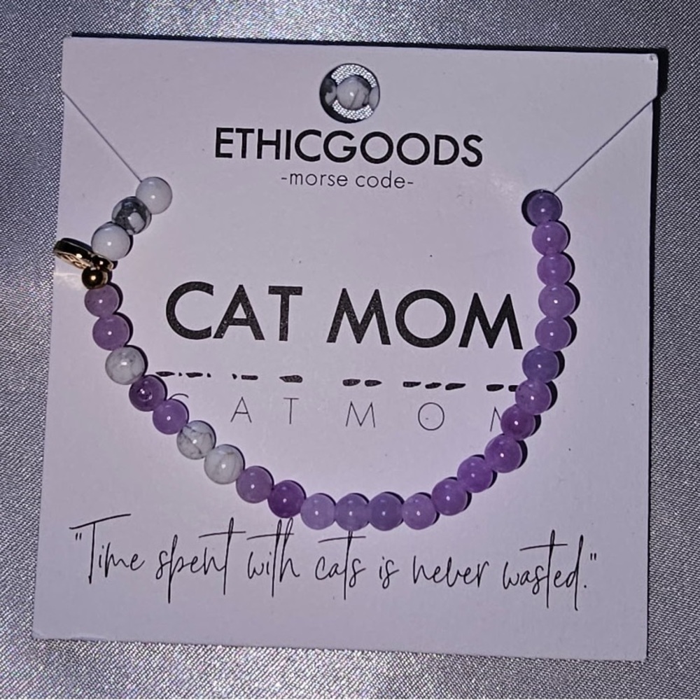 EthicGoods "Cat Mom"  Morse Code Beaded Bracelet - Lavender & White